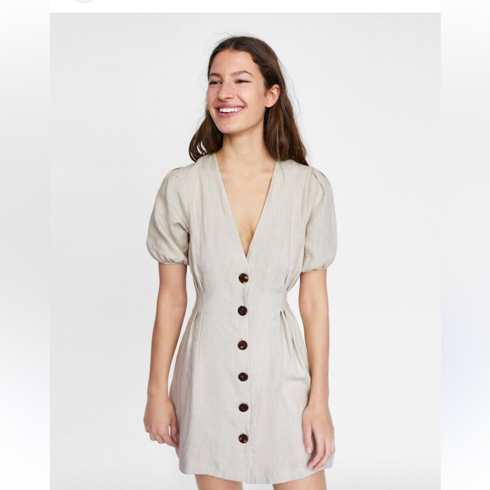 Zara Tan Puff Sleeve V-Neck Mini Sundress